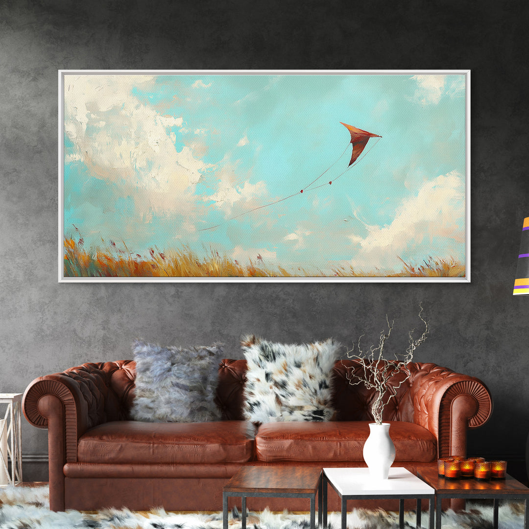 Red Kite In Blue Summer Sky Wall Art, Whimsical Canvas Print For Kids Room Decor, Nursery Decor And Coastal Home Decor Gift