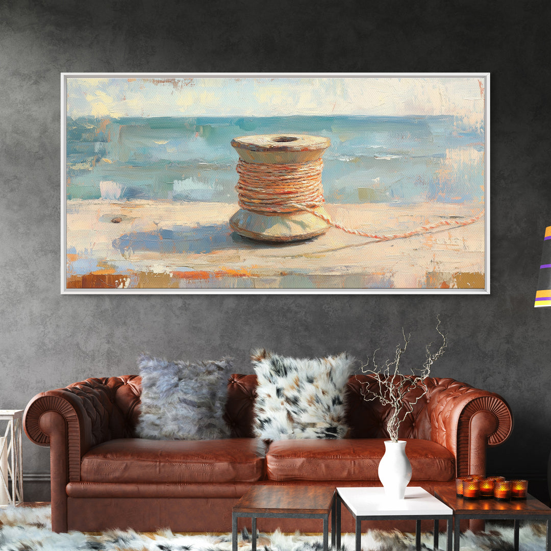 Orange Twine Spool By Blue Window Wall Art, Nautical Canvas Print For Coastal Decor, Rustic Home Decor And Office Decor Gift