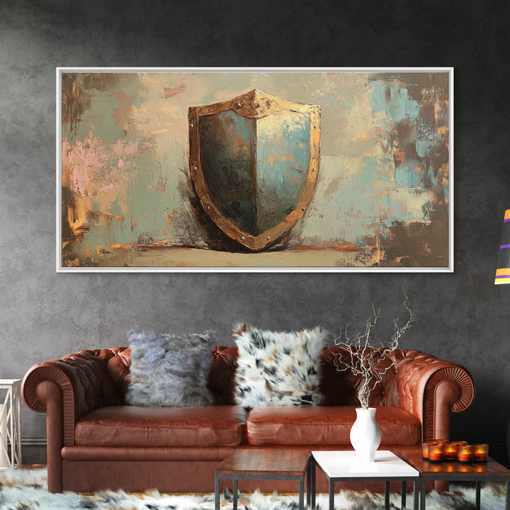 Antique Blue Shield Framed Canvas Print, Medieval Wall Art, Fantasy Decor, Rustic Office Decor, Man Cave Gift For Him, Home Decor