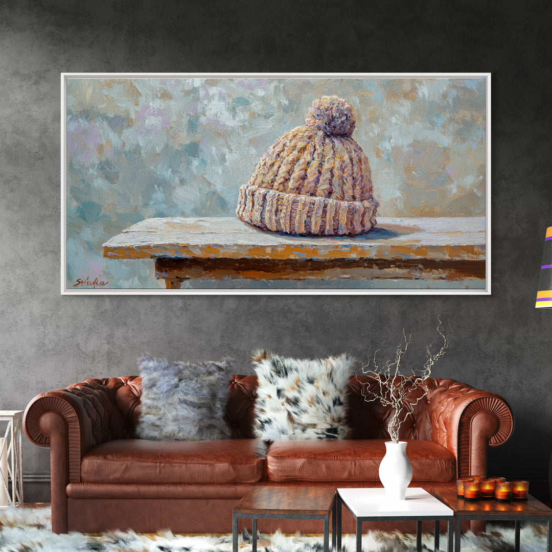 Cozy Knit Beanie Still Life Wall Art, Winter Cabin Decor, Rustic Canvas Print, Neutral Bedroom Art, Gift For Her, Housewarming Gift