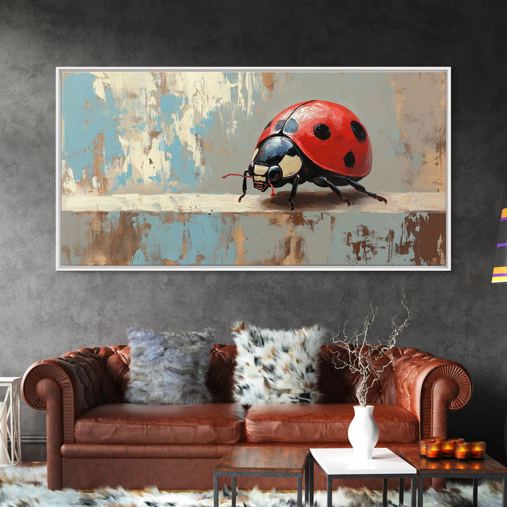 Red Ladybug Macro In Textured Garden Wall Art, Whimsical Animal Canvas Print, Nature Decor, Kids Room Art Gift, Cute Wall Decor