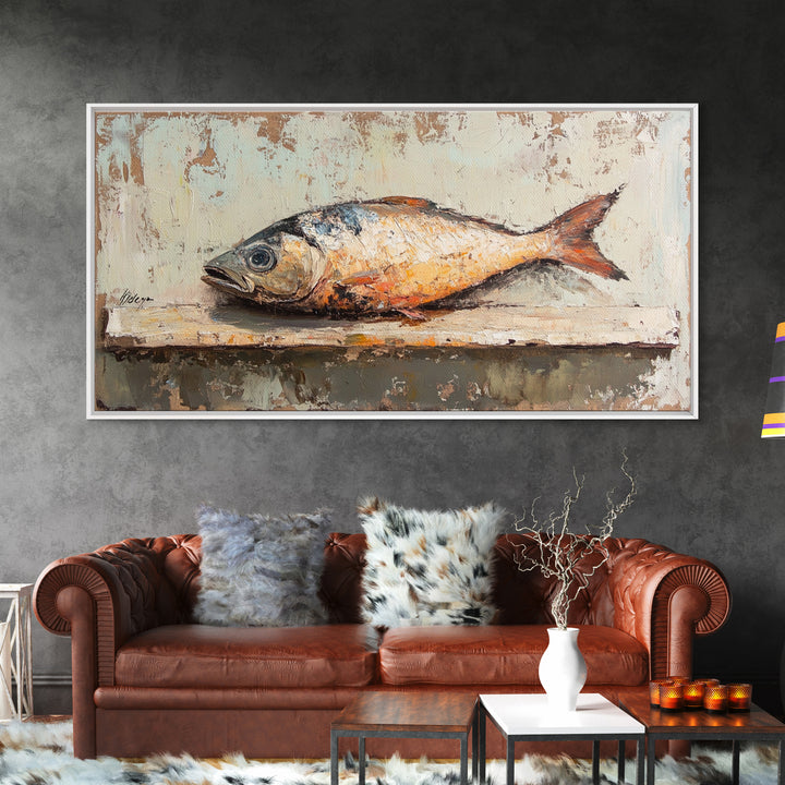 Rustic Whole Fish Still Life Canvas Print, Coastal Kitchen Wall Art, Seafood Decor, Nautical Home Decor, Gift For Him, Wall Decor