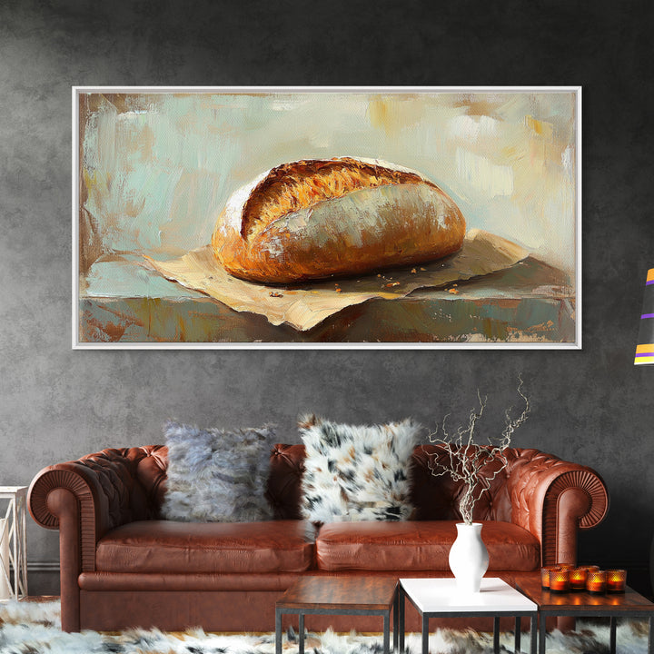 Crusty Artisan Bread Still Life Canvas Print, Rustic Kitchen Wall Art, Farmhouse Dining Room Decor, Foodie Housewarming Gift