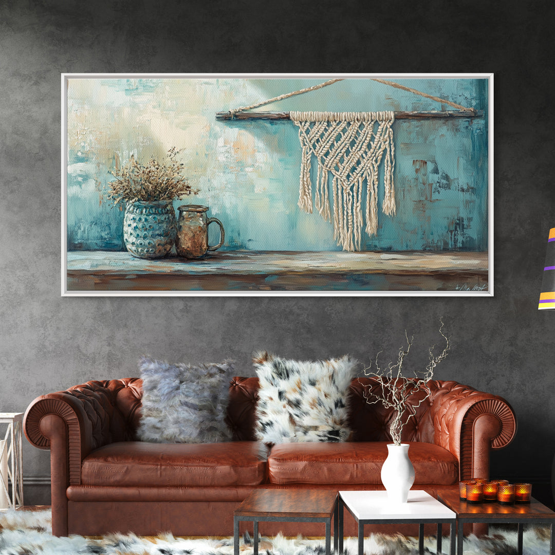 Macrame Hanging And Dried Flowers Framed Canvas Print, Boho Wall Art, Rustic Home Decor, Neutral Living Room Decor, Housewarming Gift