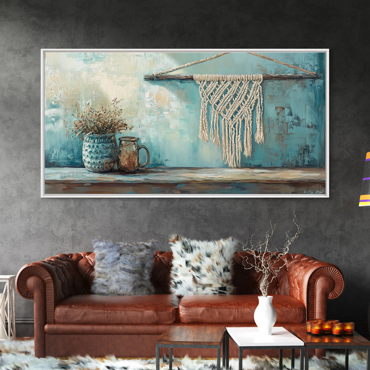 Macrame Hanging And Dried Flowers Framed Canvas Print, Boho Wall Art, Rustic Home Decor, Neutral Living Room Decor, Housewarming Gift
