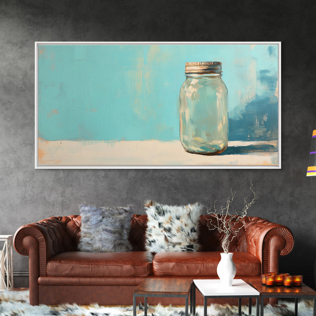 Single Mason Jar On Turquoise Background Wall Art, Minimalist Kitchen Print, Farmhouse Decor, Rustic Home Decor, Gift For Her