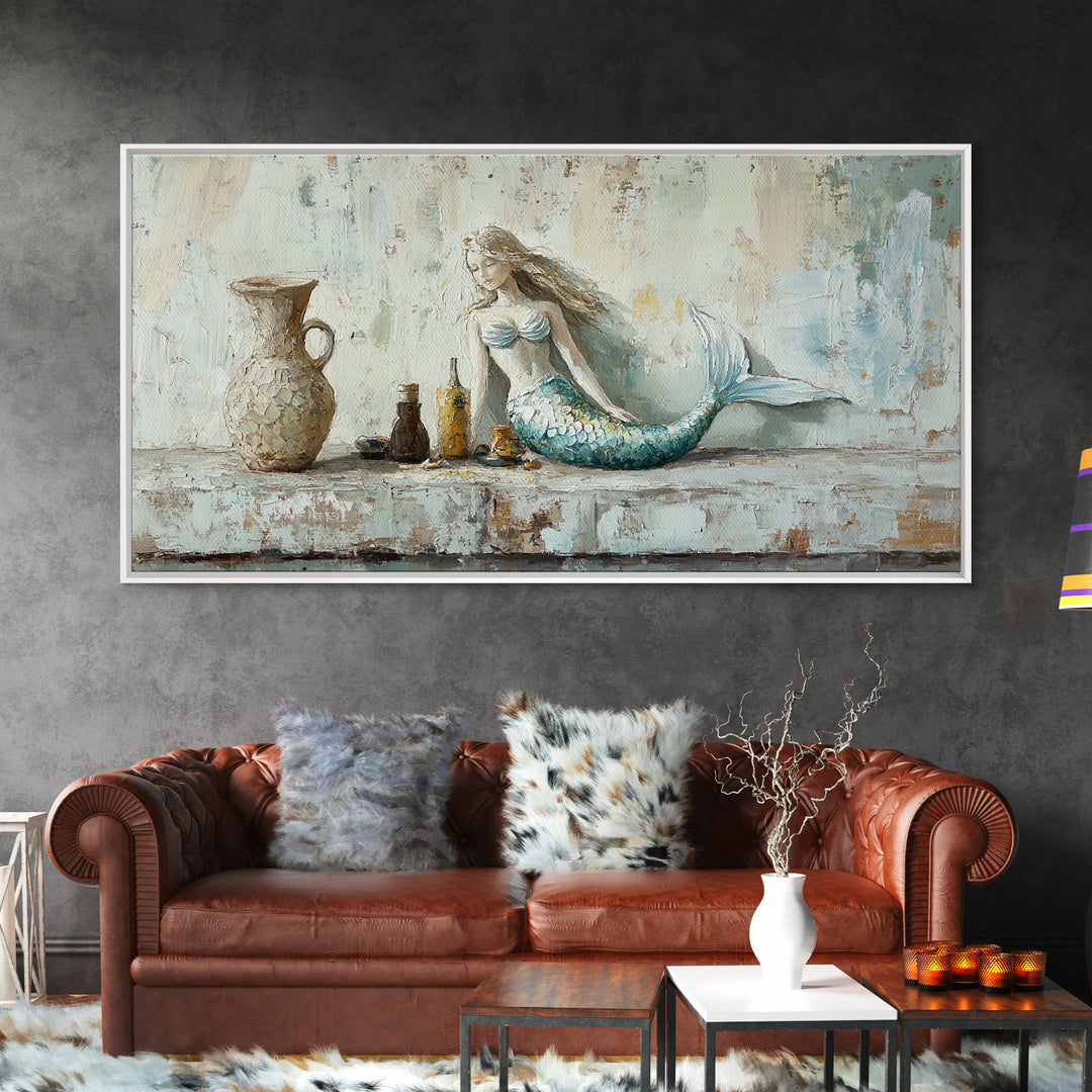 Rustic Mermaid Shelf Still Life Canvas Print, Coastal Wall Art, Beach House Decor, Nautical Bathroom Decor, Gift For Her