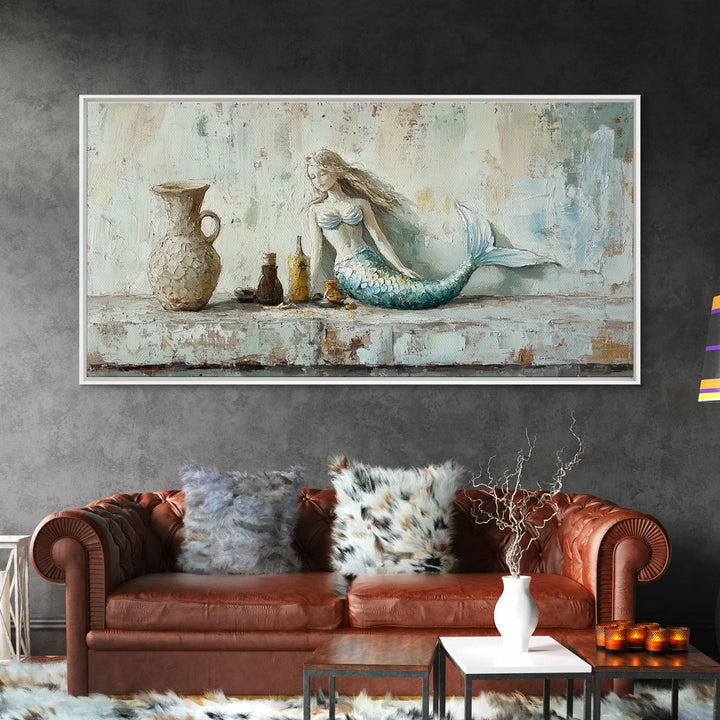 Rustic Mermaid Shelf Still Life Canvas Print, Coastal Wall Art, Beach House Decor, Nautical Bathroom Decor, Gift For Her