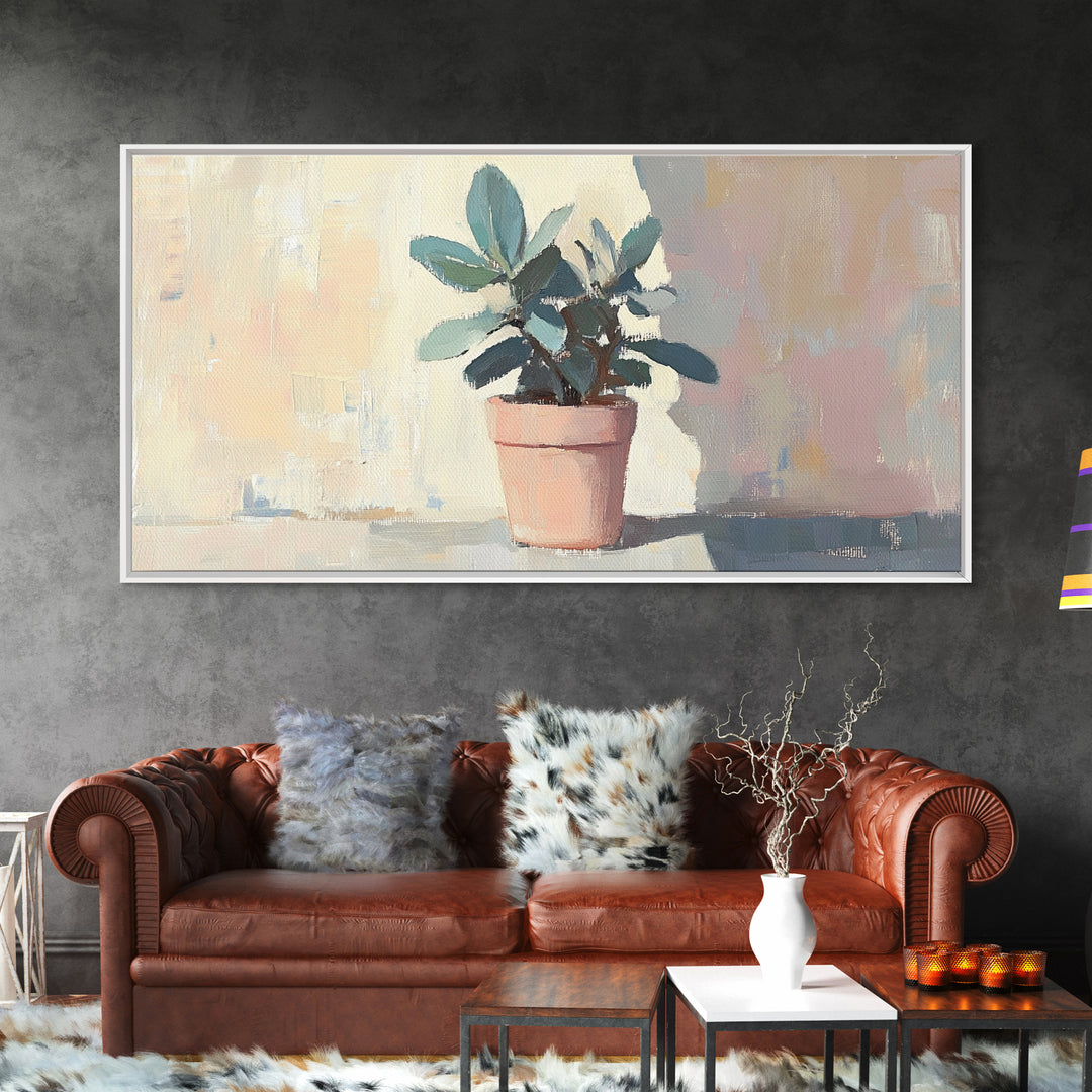 Potted Plant In Pink Pot Framed Canvas Print, Botanical Wall Art, Sage Green Decor, Modern Farmhouse Home Decor Gift Idea