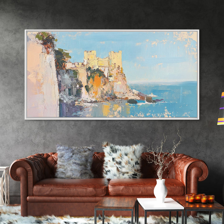 Sunlit Coastal Castle By Blue Sea Canvas Print, Mediterranean Wall Art, Italy Coast Decor, Seascape Painting, Travel Gift