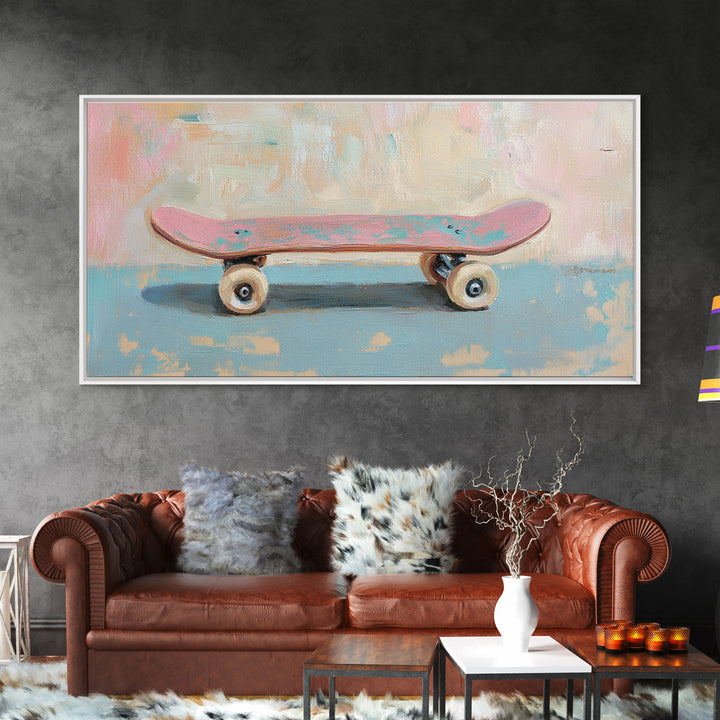 Pink Skateboard On Blue Wall Framed Canvas Print, Retro Wall Art, Teen Room Decor, Preppy Wall Art, Dopamine Decor Gift Idea