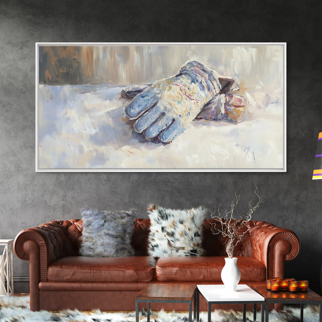 Snowy Blue Winter Glove Oil Painting Wall Art, Rustic Cabin Decor, Neutral Home Decor, Cozy Bedroom Art, Housewarming Gift