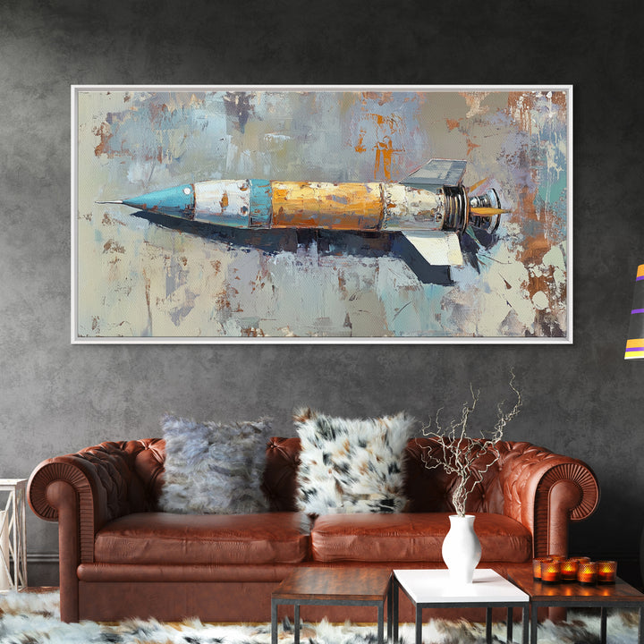 Retro Rocket Ship Oil Painting Wall Art, Space Lover Gift, Sci Fi Wall Decor, Industrial Art Print, Futuristic Home Decor