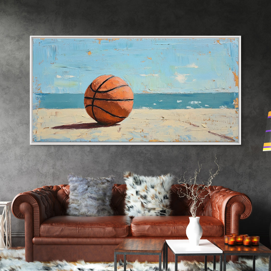 Basketball On Sandy Beach Canvas Print, Coastal Wall Art, Boys Room Decor, Sports Poster, Ocean Wall Decor, Gift For Him