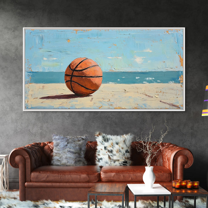 Basketball On Sandy Beach Canvas Print, Coastal Wall Art, Boys Room Decor, Sports Poster, Ocean Wall Decor, Gift For Him