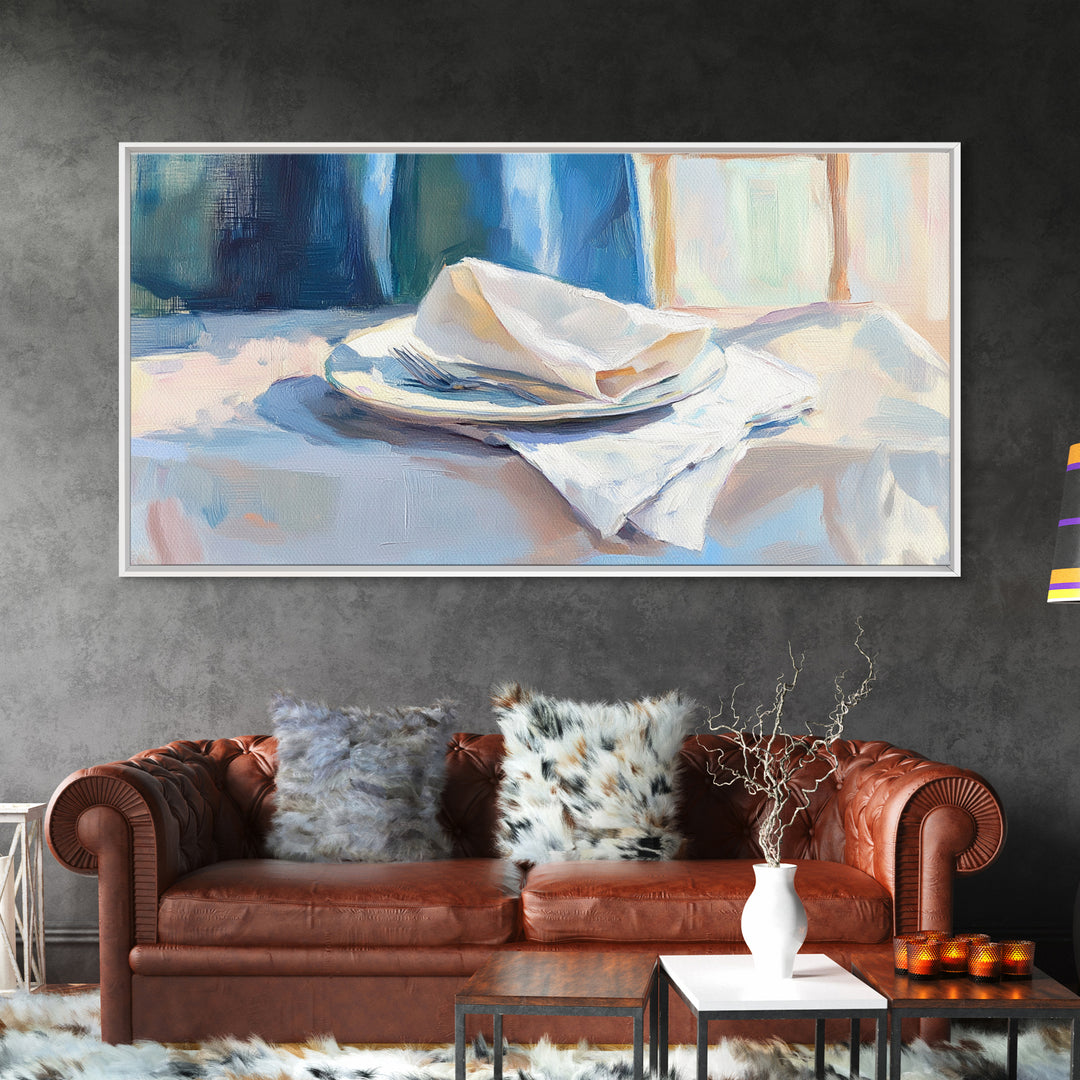 Blue Linen Plate Still Life Wall Art, Dining Room Print, Kitchen Decor, Modern Farmhouse Canvas, Neutral Home Decor, Housewarming Gift