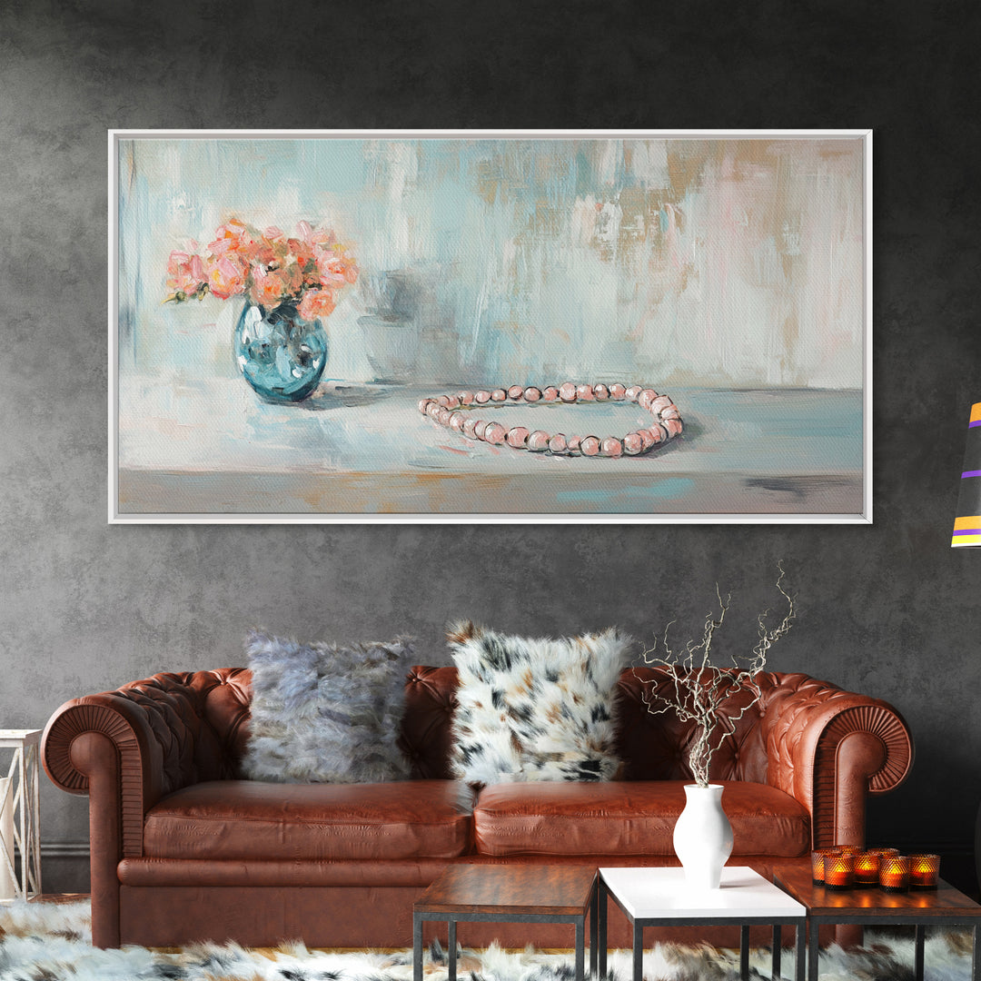 Pink Flowers And Pearl Necklace Framed Canvas Print, Feminine Wall Art, Romantic Bedroom Decor, Gift For Her, Soft Pastel Art