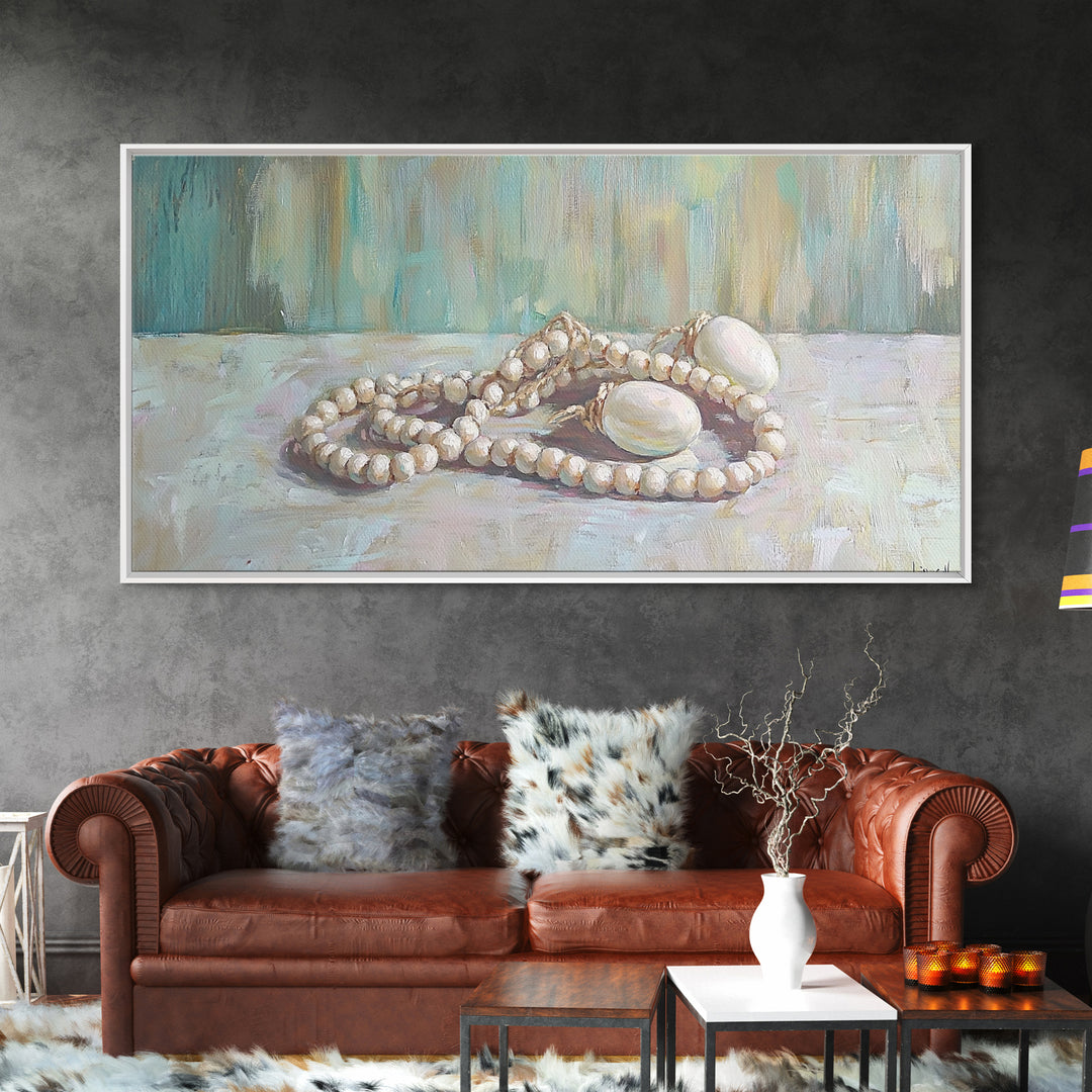 White Pearl Necklace Still Life Wall Art, Feminine Coastal Decor, Elegant Bathroom Art, Romantic Bedroom Canvas Print, Gift For Her