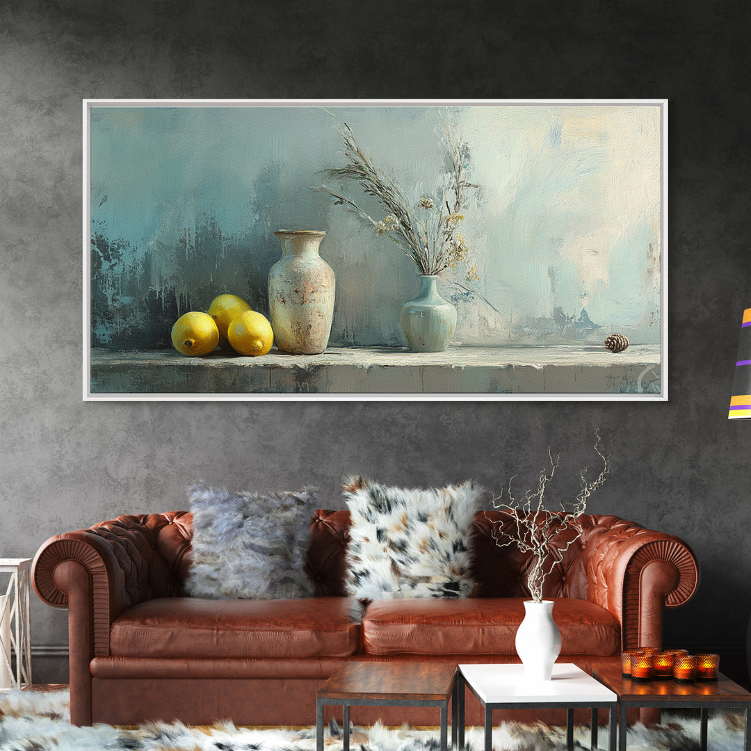 Lemons And Ceramic Vases Canvas Print, Rustic Kitchen Wall Art, French Country Decor, Neutral Still Life, Farmhouse Home Decor