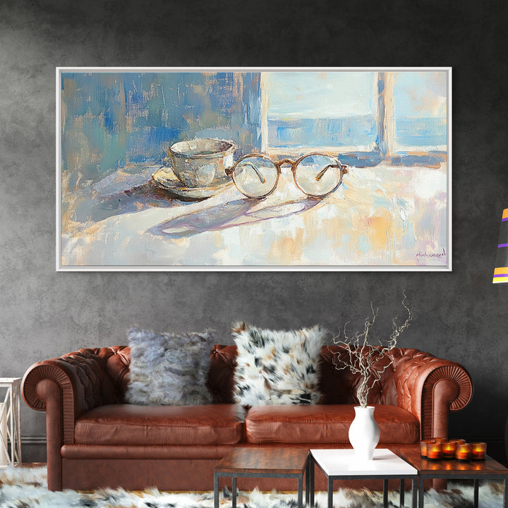 Eyeglasses And Teacup By Window Wall Art, Reading Nook Decor, Book Lover Gift, Cozy Office Canvas Print, Light Academia Decor