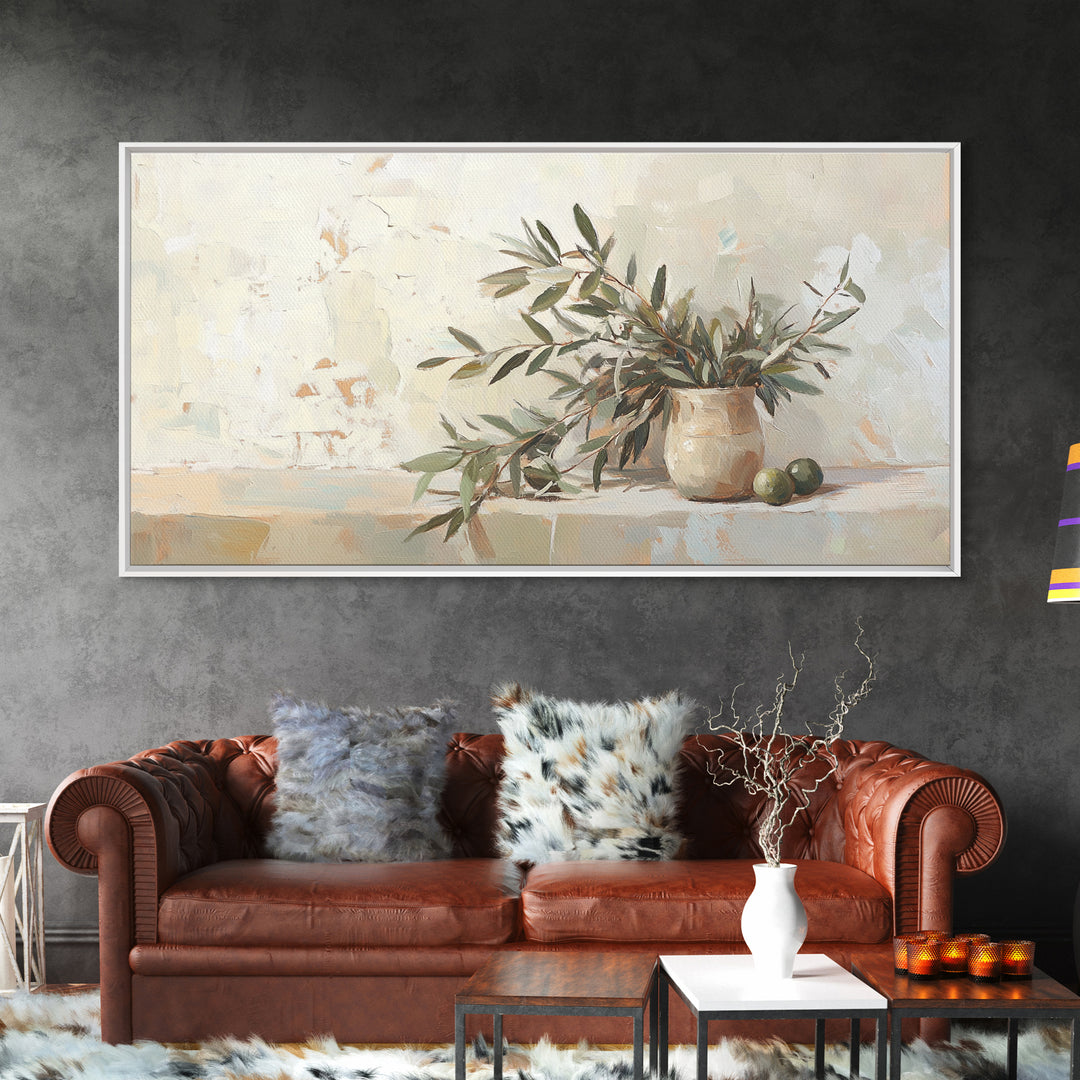 Olive Branches In Ceramic Vase Framed Canvas Print, Neutral Kitchen Decor, Botanical Wall Art, Mediterranean Home Decor Gift