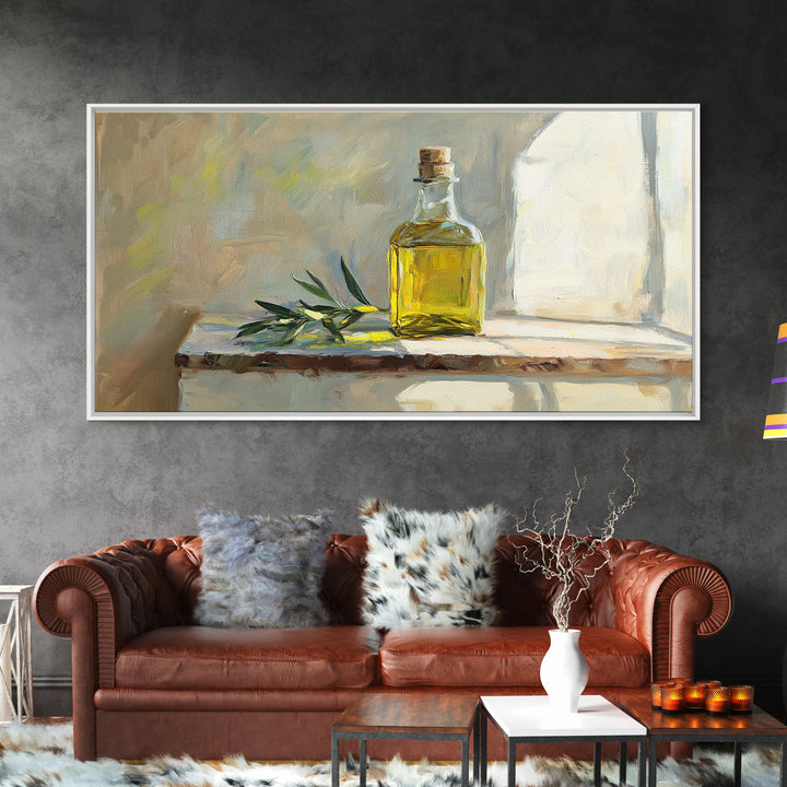 Sunlit Olive Oil Bottle On Rustic Shelf Canvas Print, Mediterranean Kitchen Wall Art, Still Life Painting, Fine Art Print