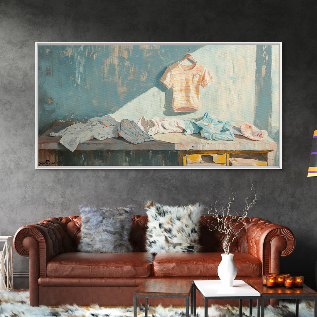 Sunlit Laundry Table With Baby Clothes Wall Art, Laundry Room Decor, Nursery Wall Art, Farmhouse Home Decor Canvas Print