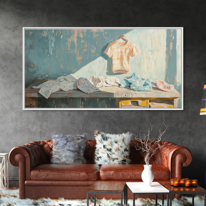 Sunlit Laundry Table With Baby Clothes Wall Art, Laundry Room Decor, Nursery Wall Art, Farmhouse Home Decor Canvas Print