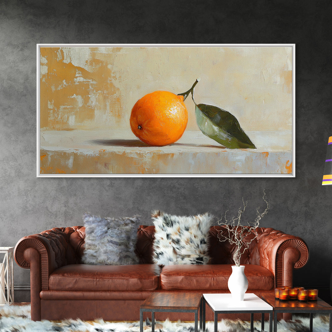Single Orange With Glossy Green Leaf Canvas Print, Minimalist Kitchen Wall Art, Fruit Still Life, Modern Home Decor Gift