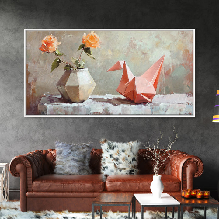 Pink Origami Fox With Peach Roses Wall Art, Whimsical Still Life Canvas Print, Girly Room Decor, Unique Gift For Her, Cute Prints