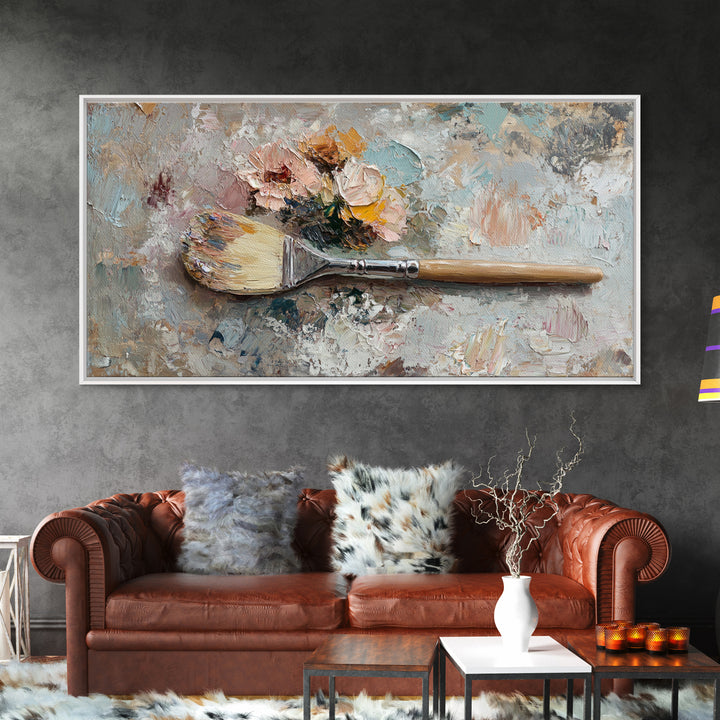 Palette Knife Paintbrush With Soft Roses Wall Art, Artist Studio Decor, Floral Still Life Canvas Print, Gift For Art Lover