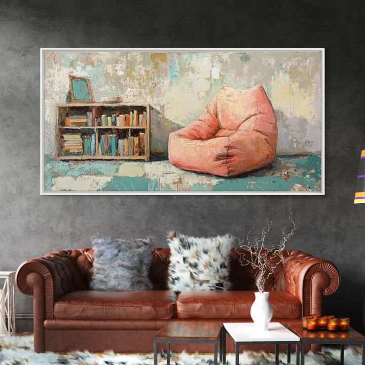 Cozy Pink Bean Bag Chair And Bookshelf Wall Art, Reading Nook Decor, Book Lover Art, Kids Room Canvas Print, Playroom Decor