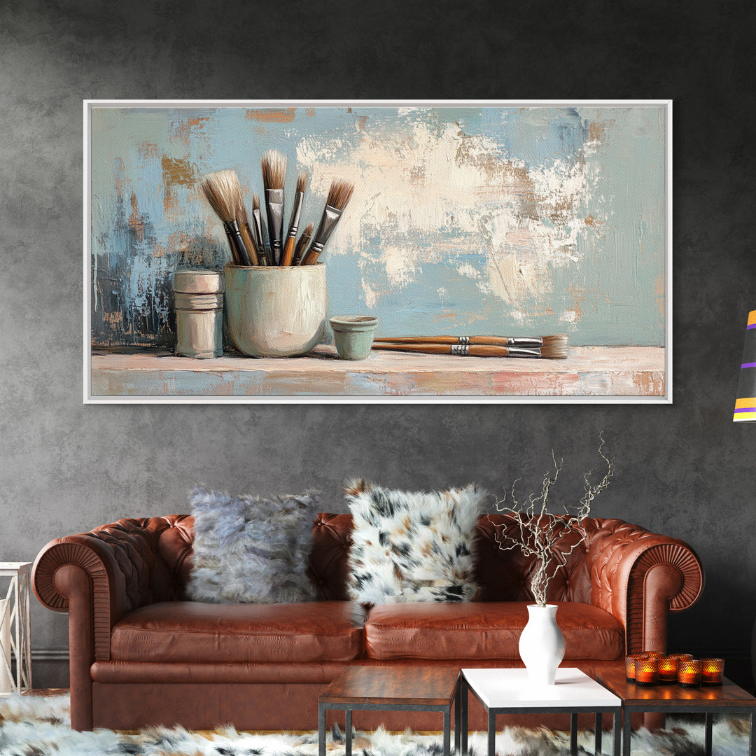 Artist Brushes In Ceramic Cup Canvas Print, Art Studio Wall Art, Creative Office Decor, Neutral Modern Home Decor Housewarming Gift