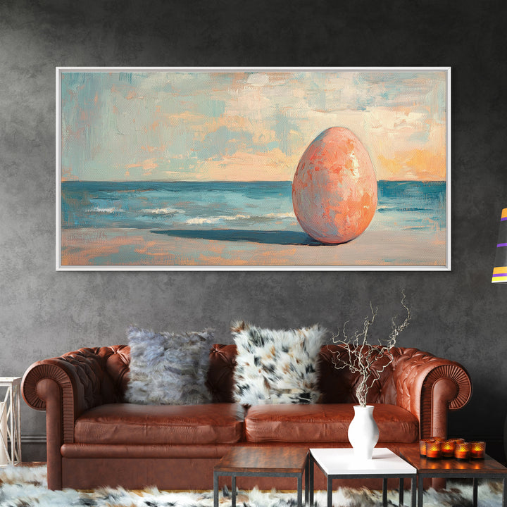 Surreal Pink Egg On Ocean Shore Canvas Print, Coastal Wall Art, Beach House Decor, Modern Seascape For Living Room, Statement Home Decor