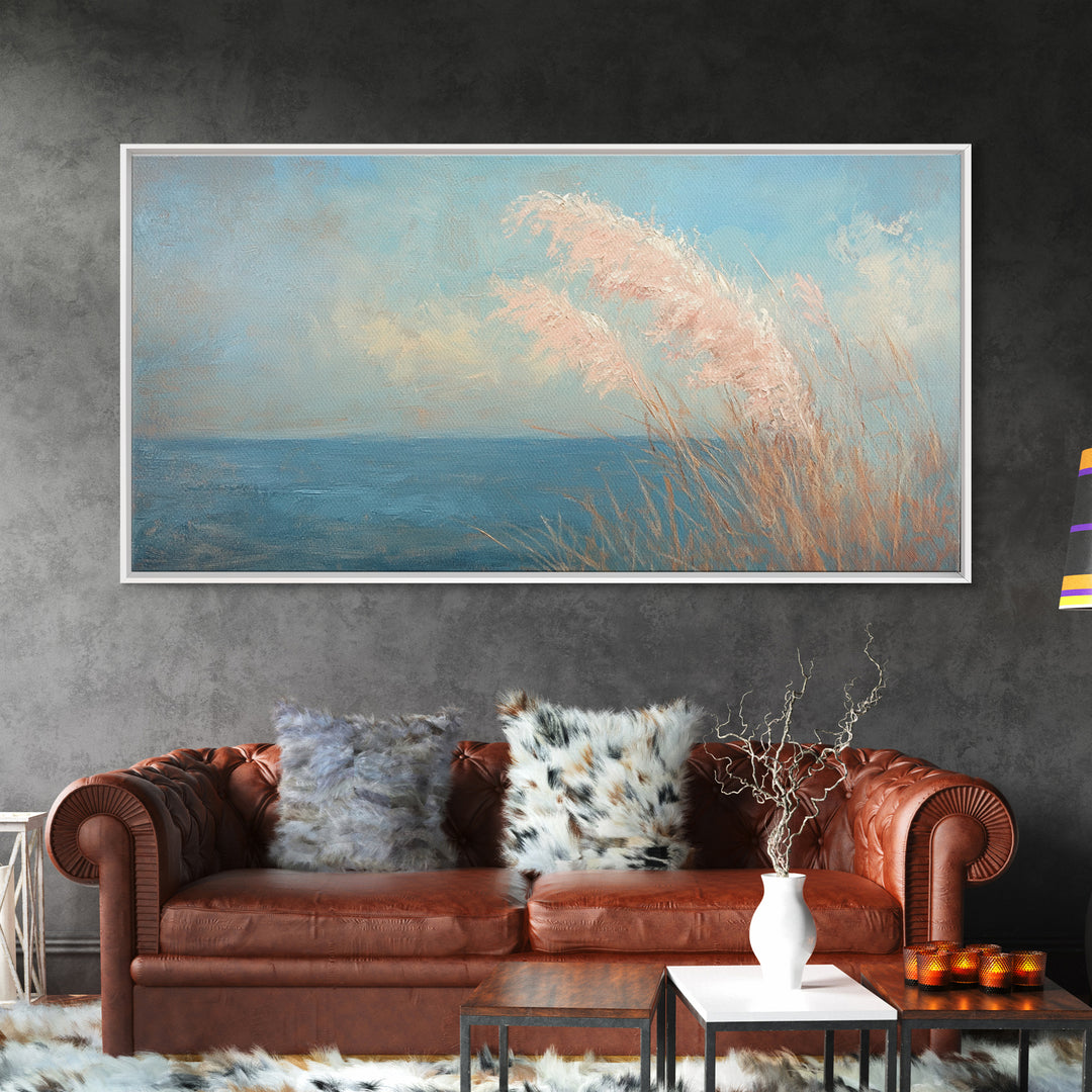 Soft Pampas Grass By Blue Sea Wall Art, Coastal Canvas Print, Minimalist Beach House Decor, Serene Nature Wall Decor, For Bedroom