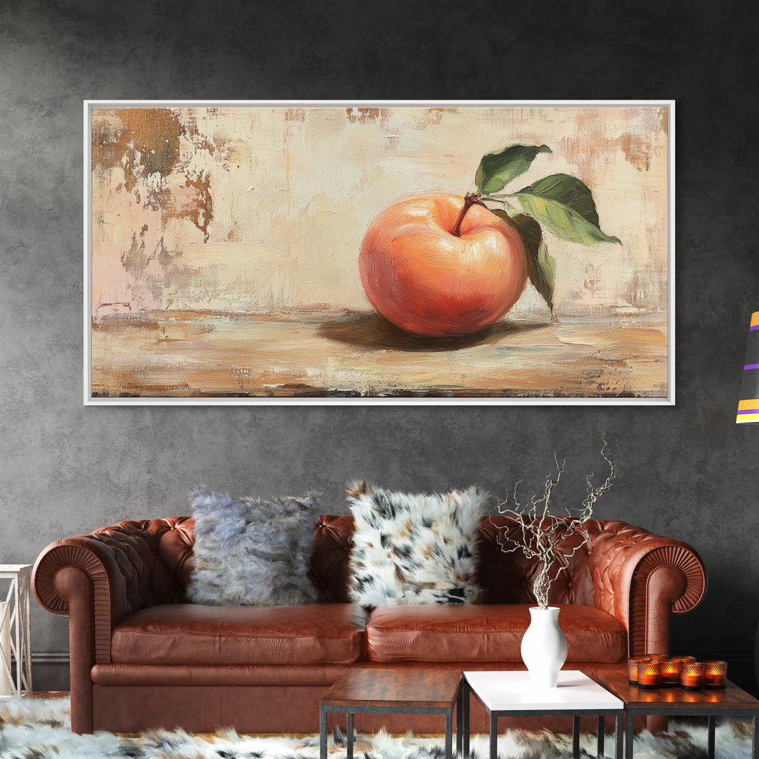 Rustic Red Apple With Green Leaves Canvas Print, Kitchen Wall Art, Farmhouse Still Life Decor, Fruit Painting Home Decor
