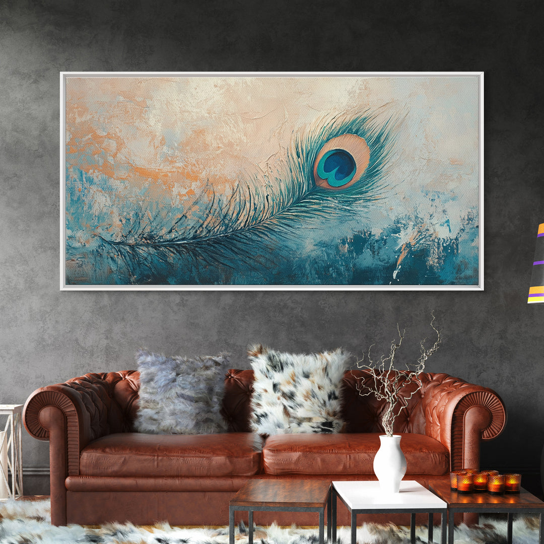 Teal Peacock Feather On Textured Beige Wall Art, Boho Canvas Print, Bird Lover Gift, Eclectic Coastal Home Decor, For Bedroom