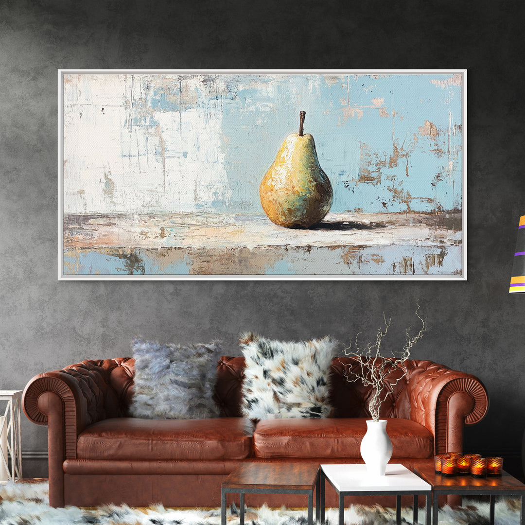 Golden Pear Still Life On Blue Rustic Canvas Print, Kitchen Wall Art, Farmhouse Fruit Decor, Neutral Home Decor, For Dining Room