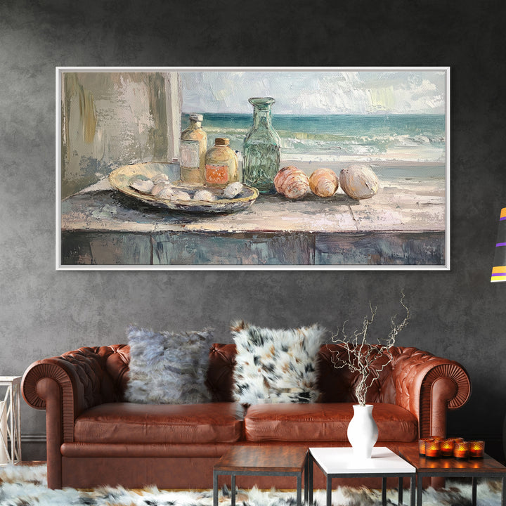 Seashells And Green Glass Bottle Canvas Print, Coastal Kitchen Wall Art, Beach House Decor, Nautical Still Life Fine Art Print