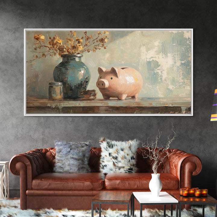 Pink Piggy Bank And Rustic Vase Wall Art, Whimsical Farmhouse Decor, Nursery Animal Canvas Print, Housewarming Gift, Gift For Her