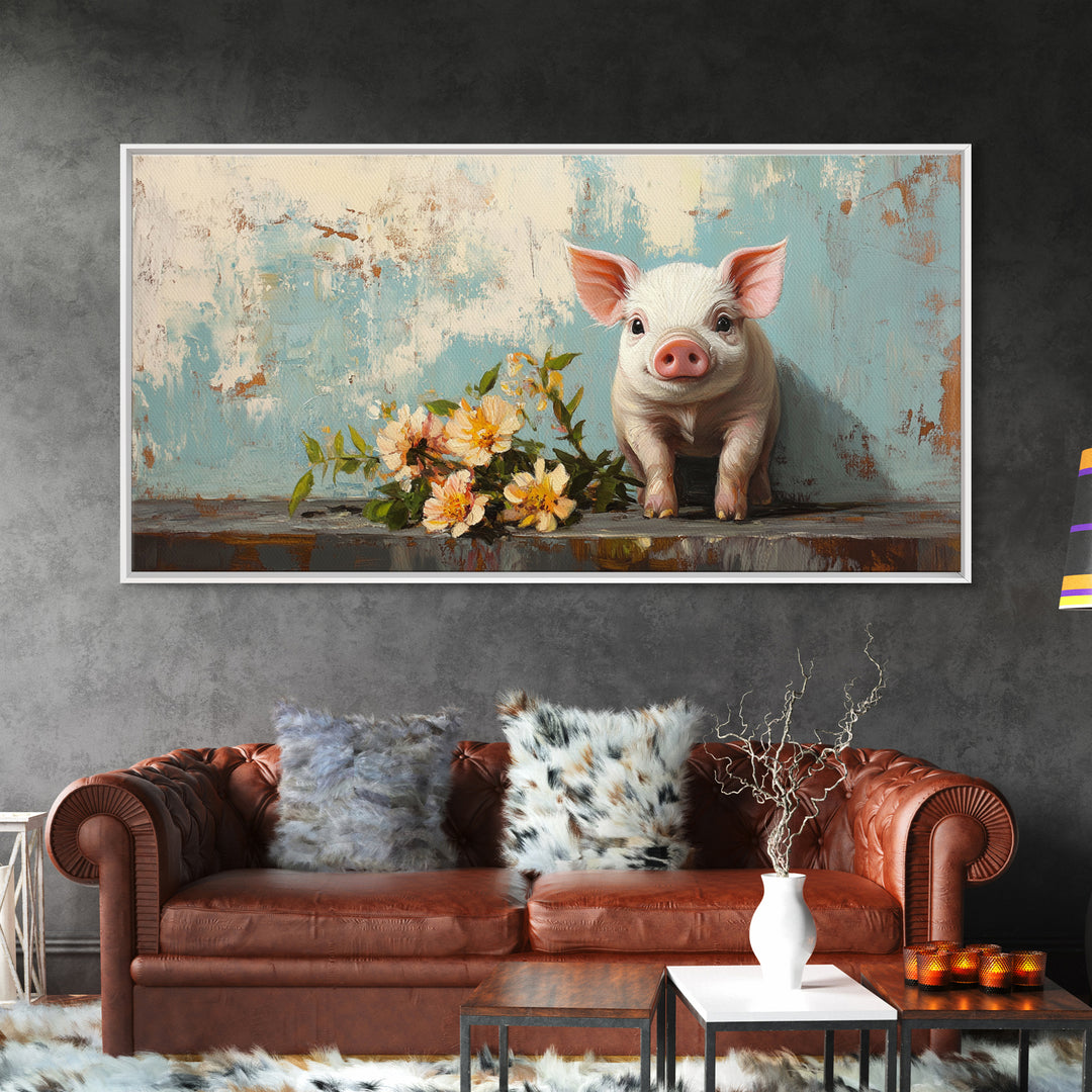 Cute Piglet With Spring Flowers Canvas Print, Farm Animal Wall Art, Whimsical Nursery Decor, Farmhouse Kitchen Wall Decor