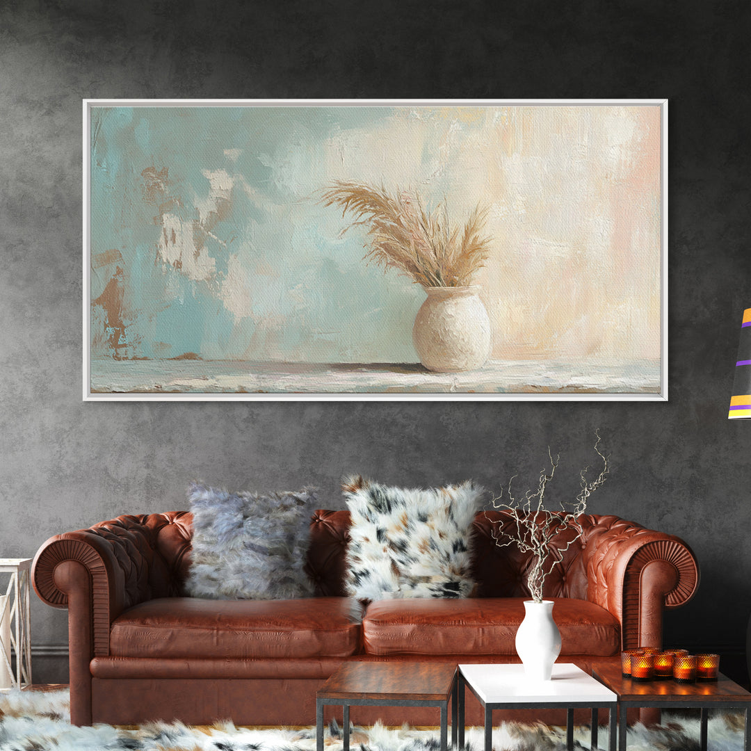 Neutral Pampas Vase Still Life Wall Art, Rustic Farmhouse Canvas Print For Living Room Decor And Cozy Bedroom Wall Decor