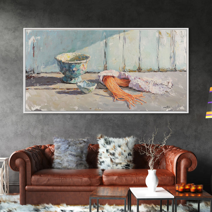 Coastal Bowl And Coral Still Life Wall Art, Textured Canvas Print For Beach House Decor And Ocean Nautical Living Room Decor