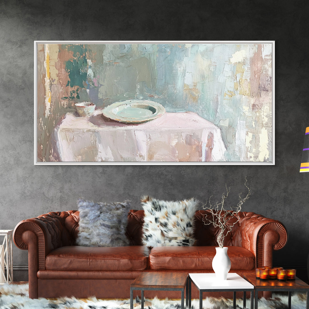 Pale Plate And Bowl Still Life Wall Art, Minimalist Kitchen Decor, Neutral Canvas Wall Art, Modern Dining Room Print, Home Decor