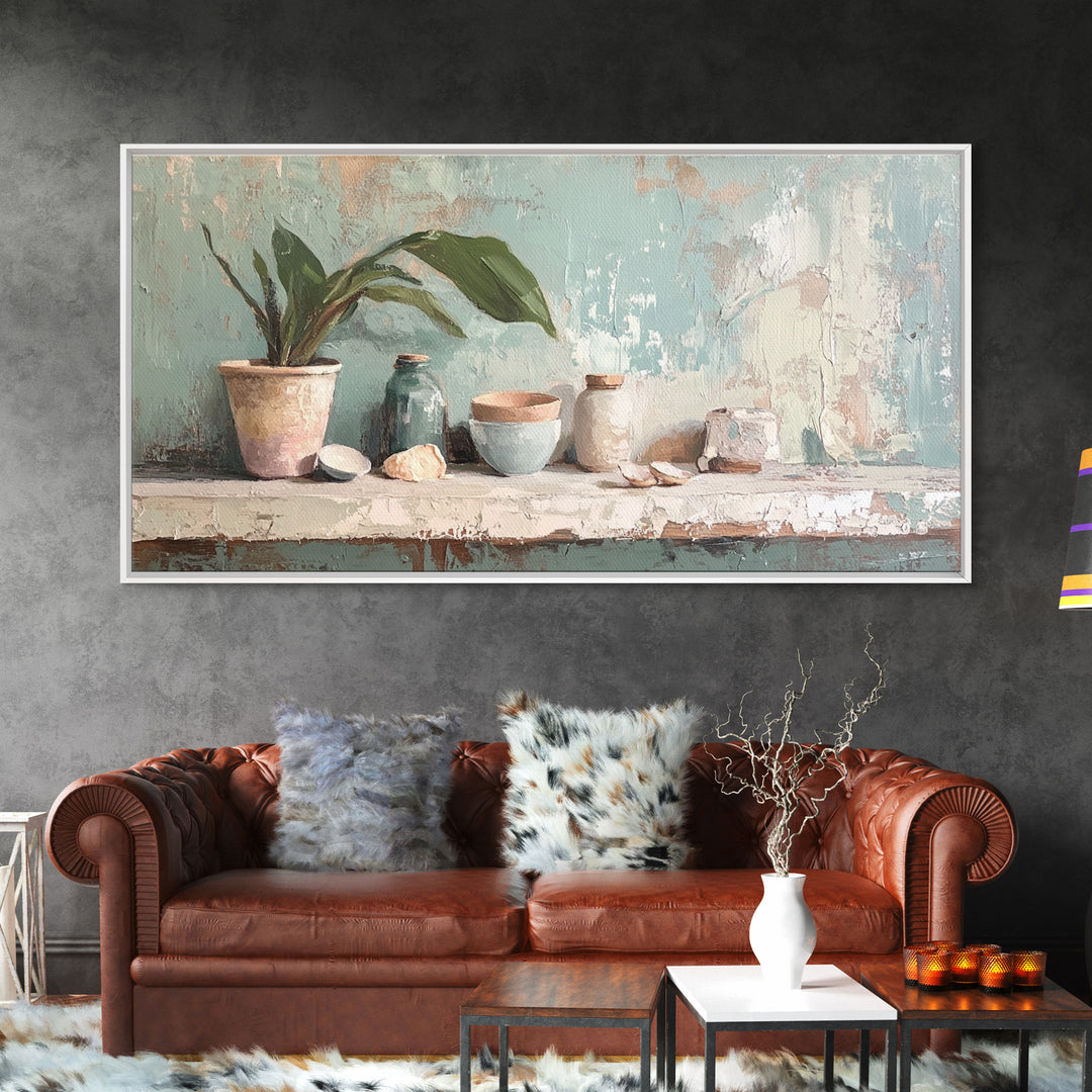 Potted Plant And Ceramic Bowl Canvas Print, Botanical Wall Art, Japandi Kitchen Decor, Neutral Home Decor For Living Room