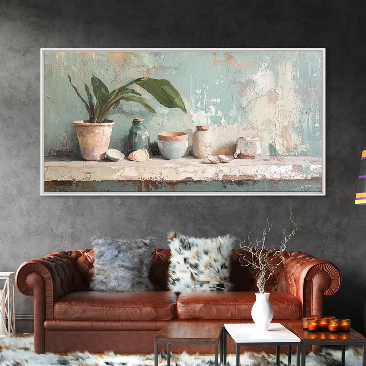 Potted Plant And Ceramic Bowl Canvas Print, Botanical Wall Art, Japandi Kitchen Decor, Neutral Home Decor For Living Room