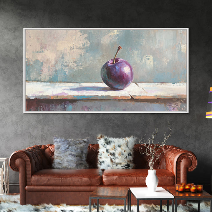 Single Purple Plum Still Life Canvas Print, Minimalist Kitchen Wall Art, Fruit Art Painting, Modern Rustic Home Decor Gift