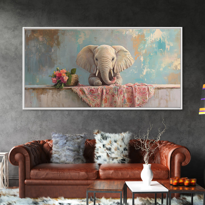 Baby Elephant With Flowers Framed Canvas Print, Safari Nursery Wall Art, Animal Wall Decor, Whimsical Kids Room Decor, Baby Shower Gift