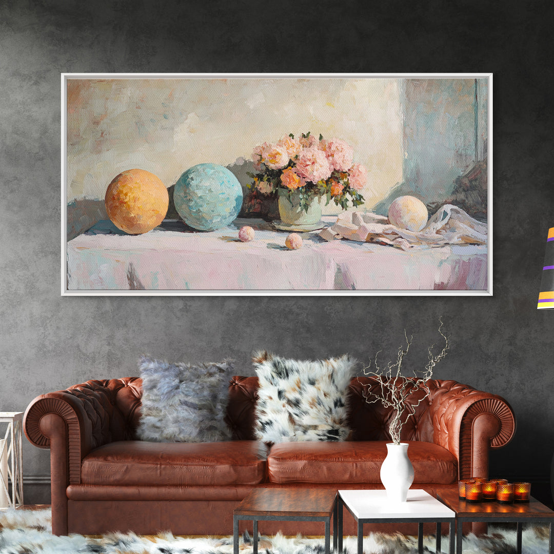 Pastel Orbs And Pink Flowers Canvas Print, Feminine Floral Wall Art, Dreamy Still Life Decor, Soft Bedroom Wall Decor For Her