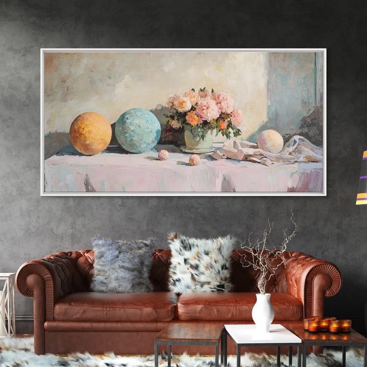 Pastel Orbs And Pink Flowers Canvas Print, Feminine Floral Wall Art, Dreamy Still Life Decor, Soft Bedroom Wall Decor For Her